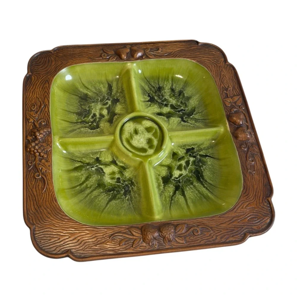 Vtg Treasure Craft Early American‎ Divided Relish Tray Wood  Look Avocado Green